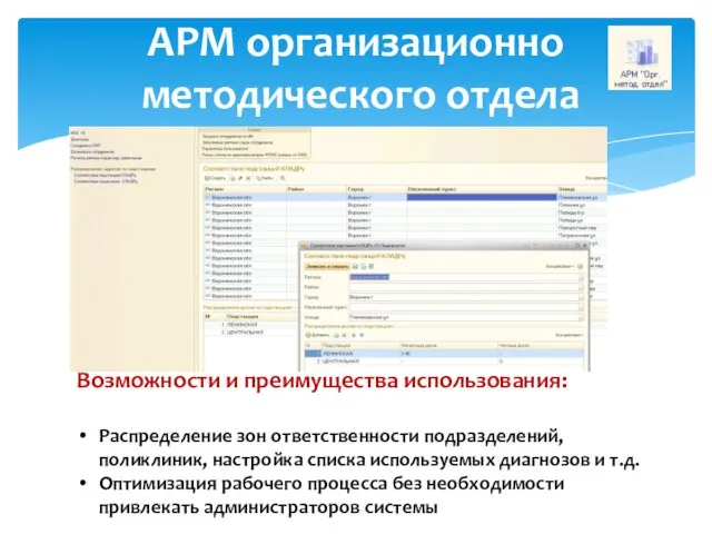 АРМ организационно методического отдела Возможности и преимущества использования: Распределение зон