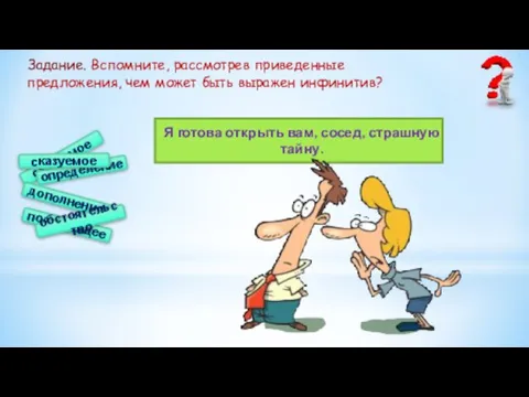 Я готова открыть вам, сосед, страшную тайну. подлежащее сказуемое определение