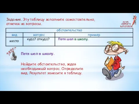 Задание. Эту таблицу заполните самостоятельно, отвечая на вопросы. Петя шел