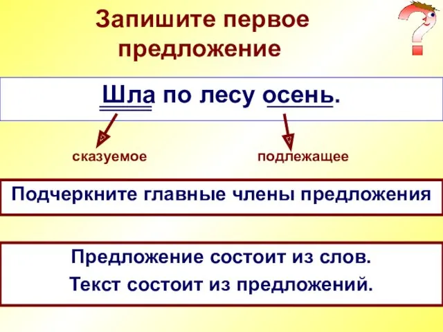 Запишите первое предложение Шла по лесу осень. Подчеркните главные члены