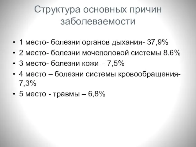 Структура основных причин заболеваемости 1 место- болезни органов дыхания- 37,9%