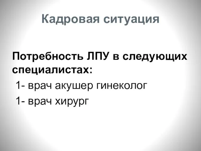 Кадровая ситуация Потребность ЛПУ в следующих специалистах: 1- врач акушер гинеколог 1- врач хирург