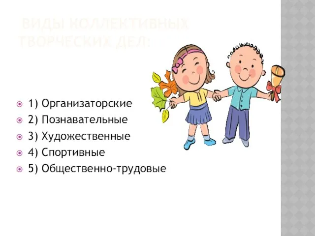 ВИДЫ КОЛЛЕКТИВНЫХ ТВОРЧЕСКИХ ДЕЛ: 1) Организаторские 2) Познавательные 3) Художественные 4) Спортивные 5) Общественно-трудовые