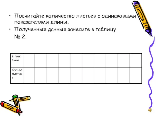 Посчитайте количество листьев с одинаковыми показателями длины. Полученные данные занесите в таблицу № 2.