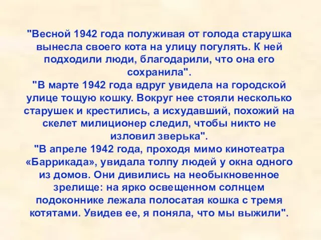 "Весной 1942 года полуживая от голода старушка вынесла своего кота