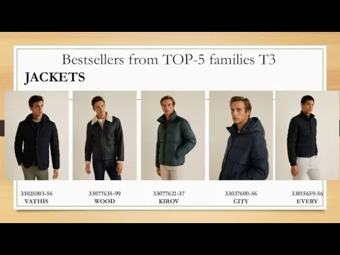 Bestsellers from TOP-5 families T3 JACKETS 33025003-56 VATHIS 33077635-99 WOOD 33077621-37 KIROV 33037600-56 CITY 33015659-56 EVERY