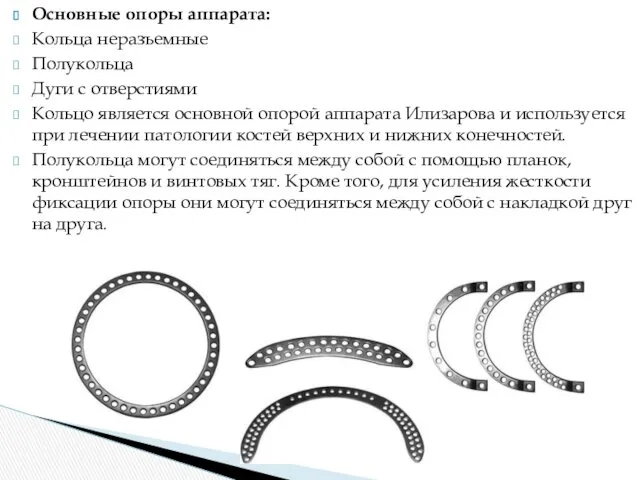 Основные опоры аппарата: Кольца неразъемные Полукольца Дуги с отверстиями Кольцо