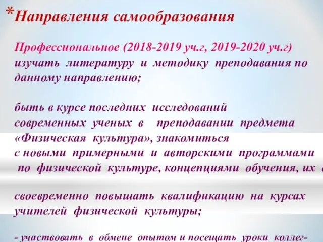 Направления самообразования Профессиональное (2018-2019 уч.г, 2019-2020 уч.г) изучать литературу и методику преподавания по