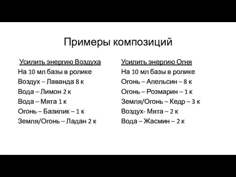 Примеры композиций Усилить энергию Воздуха На 10 мл базы в