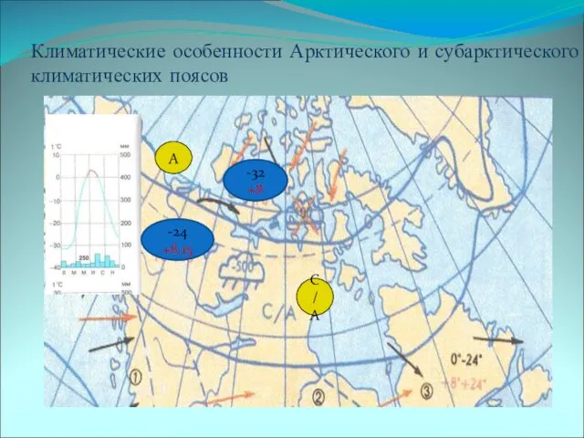 Климатические особенности Арктического и субарктического климатических поясов А С/А -32 +8 -24 +8,15