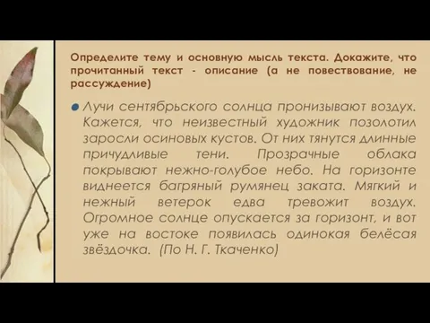 Определите тему и основную мысль текста. Докажите, что прочитанный текст - описание (а