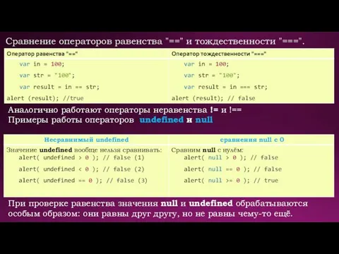 Сравнение операторов равенства "==" и тождественности "===". Аналогично работают операторы