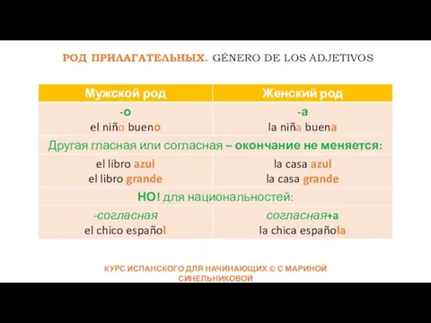 РОД ПРИЛАГАТЕЛЬНЫХ. GÉNERO DE LOS ADJETIVOS КУРС ИСПАНСКОГО ДЛЯ НАЧИНАЮЩИХ © С МАРИНОЙ СИНЕЛЬНИКОВОЙ