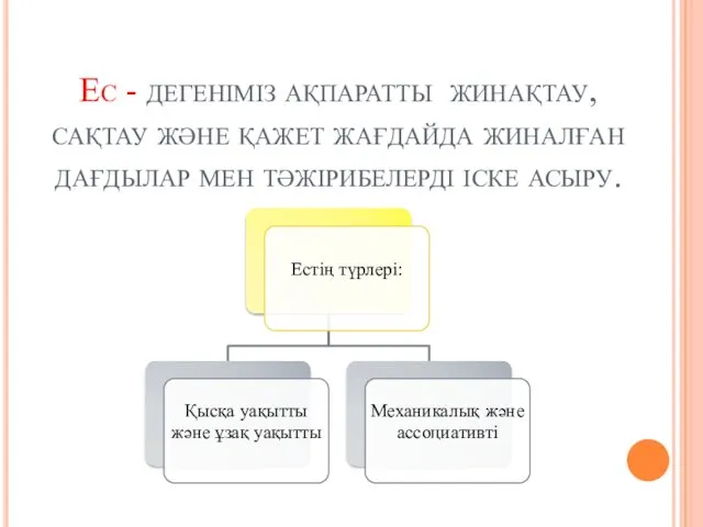 Ес - дегеніміз ақпаратты жинақтау, сақтау және қажет жағдайда жиналған дағдылар мен тәжірибелерді іске асыру.