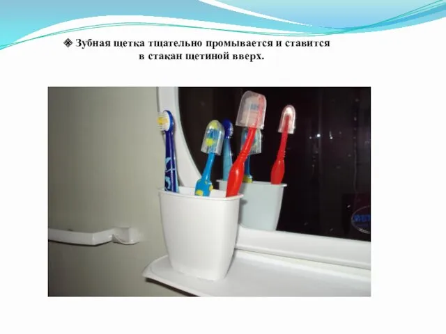 Зубная щетка тщательно промывается и ставится в стакан щетиной вверх.