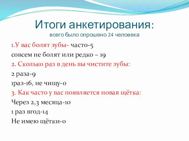 Итоги анкетирования: всего было опрошено 24 человека 1.У вас болят