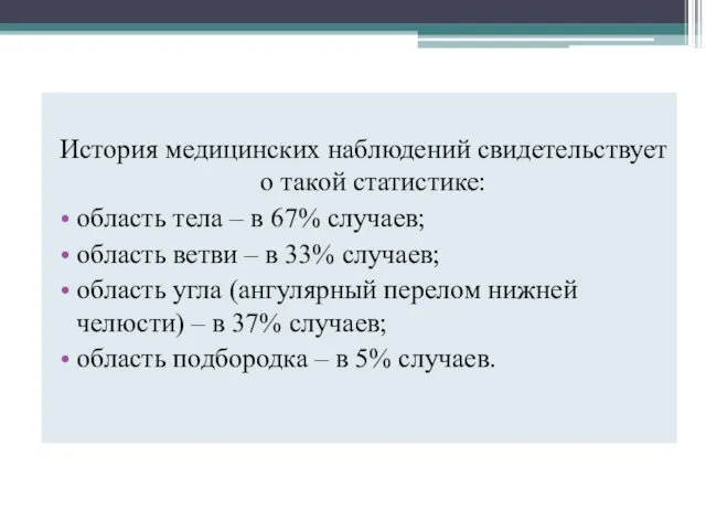 История медицинских наблюдений свидетельствует о такой статистике: область тела –