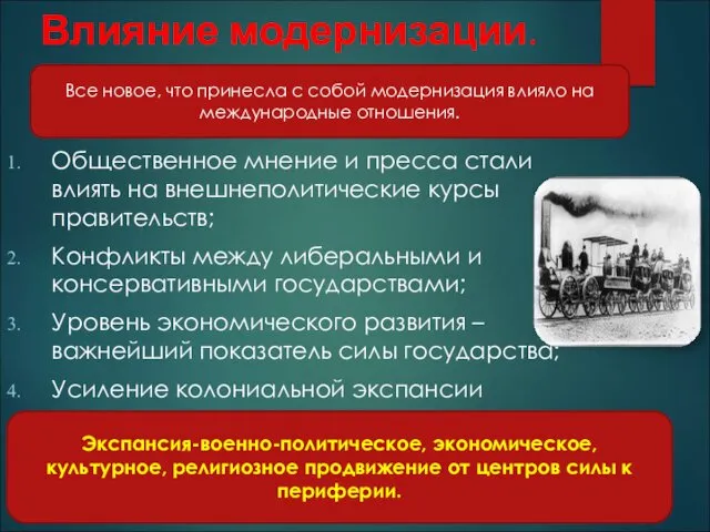 Влияние модернизации. Общественное мнение и пресса стали влиять на внешнеполитические