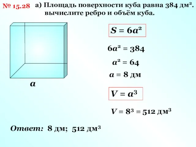 № 15.28 а) Площадь поверхности куба равна 384 дм2. вычислите ребро и объём