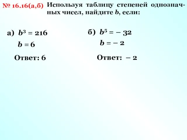 № 16.16(а,б) Используя таблицу степеней однознач-ных чисел, найдите b, если: а) b3 =