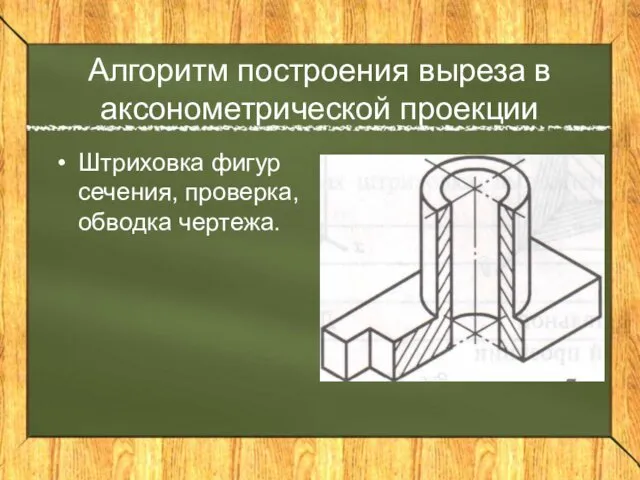 Алгоритм построения выреза в аксонометрической проекции Штриховка фигур сечения, проверка, обводка чертежа.