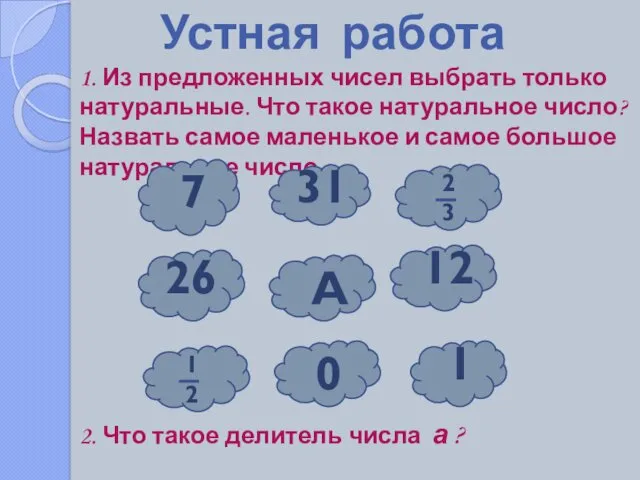 Устная работа 1. Из предложенных чисел выбрать только натуральные. Что такое натуральное число?