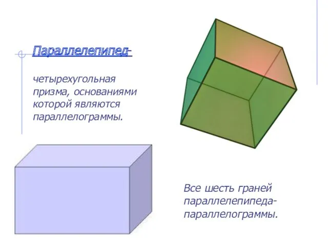 Параллелепипед- четырехугольная призма, основаниями которой являются параллелограммы. Все шесть граней параллелепипеда- параллелограммы.