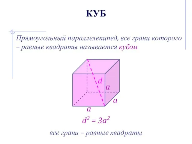 КУБ Прямоугольный параллелепипед, все грани которого – равные квадраты называется