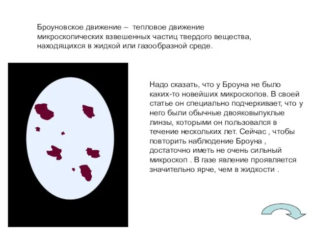 Броуновское движение – тепловое движение микроскопических взвешенных частиц твердого вещества,находящихся