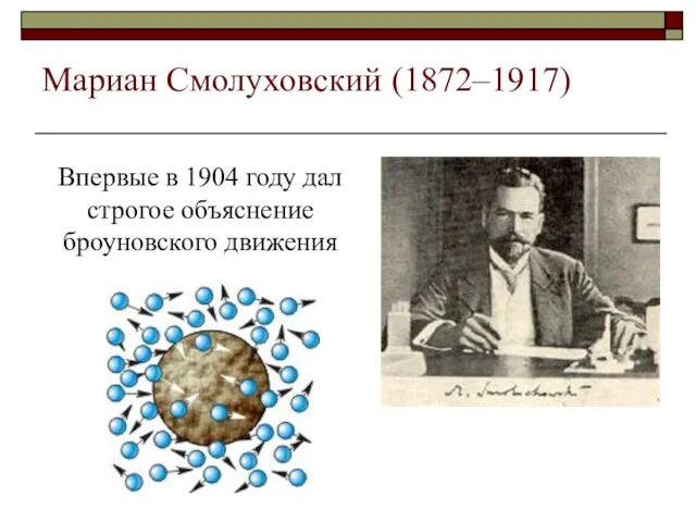 Мариан Смолуховский (1872–1917) Впервые в 1904 году дал строгое объяснение броуновского движения