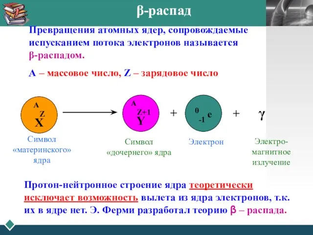 β-распад Превращения атомных ядер, сопровождаемые испусканием потока электронов называется β-распадом.