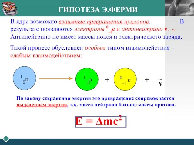 ГИПОТЕЗА Э.ФЕРМИ В ядре возможно взаимные превращения нуклонов. В результате