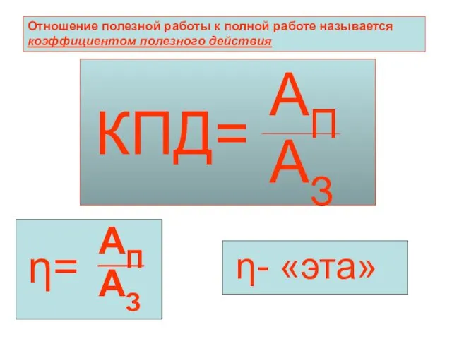 Отношение полезной работы к полной работе называется коэффициентом полезного действия