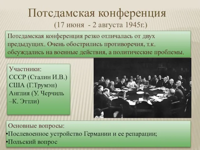 Потсдамская конференция (17 июня - 2 августа 1945г.) Участники: СССР