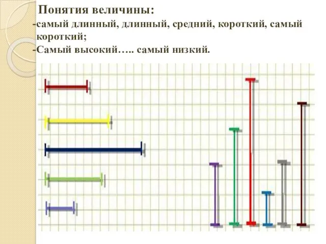 Понятия величины: самый длинный, длинный, средний, короткий, самый короткий; Самый высокий….. самый низкий.