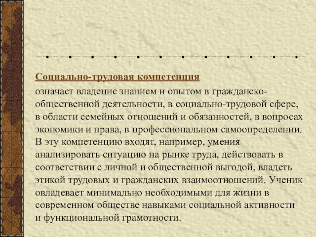 Социально-трудовая компетенция означает владение знанием и опытом в гражданско-общественной деятельности,