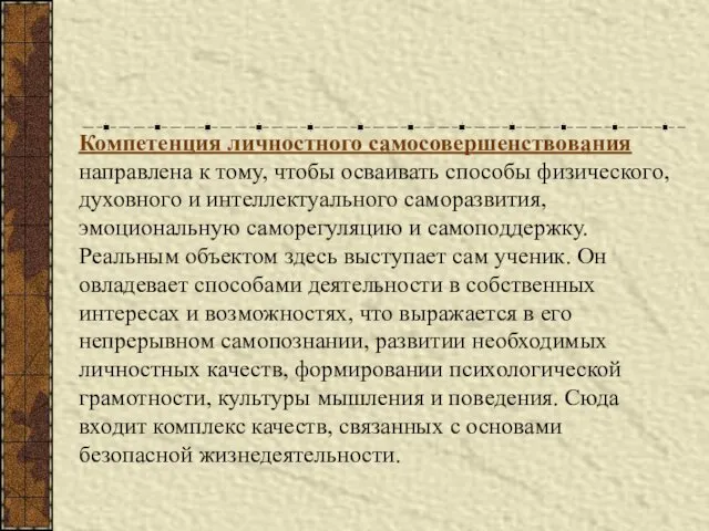 Компетенция личностного самосовершенствования направлена к тому, чтобы осваивать способы физического,