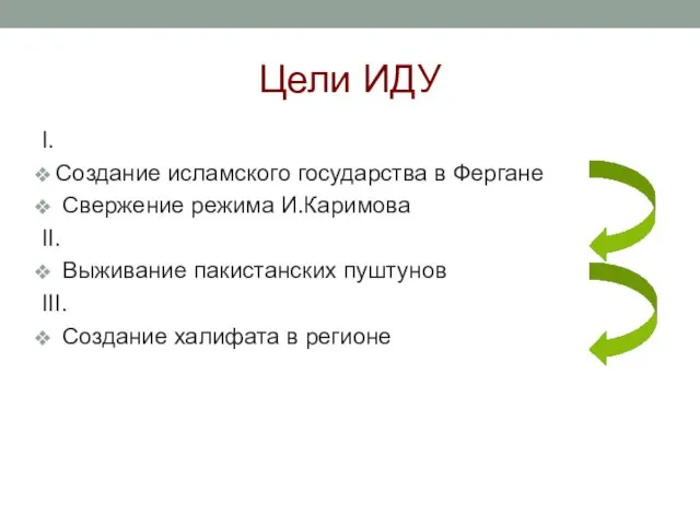 Цели ИДУ I. Создание исламского государства в Фергане Свержение режима