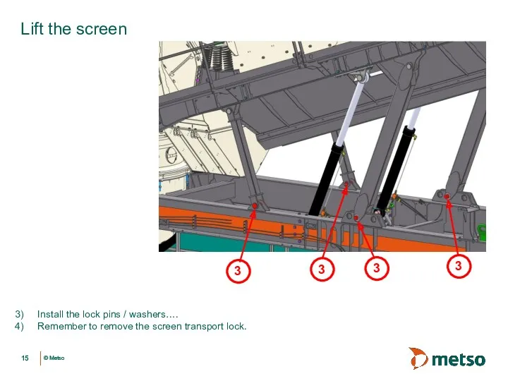 Lift the screen Install the lock pins / washers…. Remember to remove the screen transport lock.