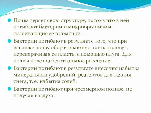 Почва теряет свою структуру, потому что в ней погибают бактерии