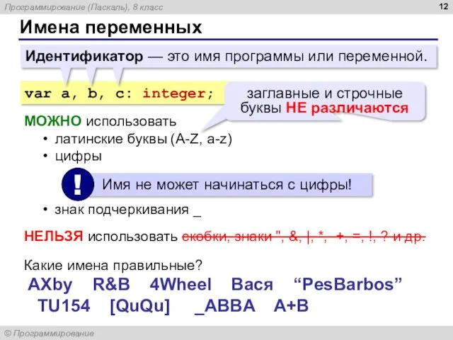 Имена переменных Идентификатор — это имя программы или переменной. var