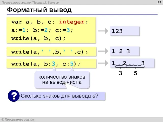 Форматный вывод var a, b, c: integer; a:=1; b:=2; c:=3;