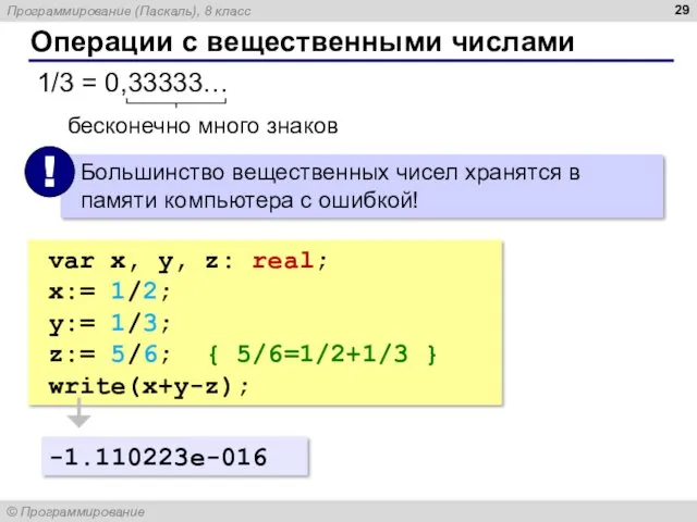 Операции с вещественными числами 1/3 = 0,33333… бесконечно много знаков