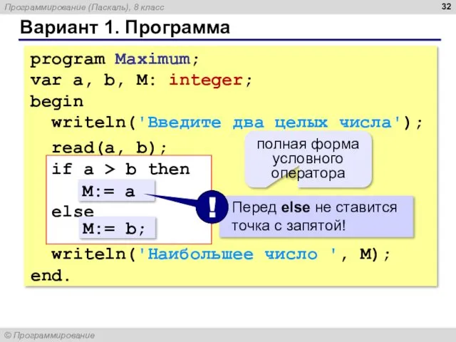 Вариант 1. Программа program Maximum; var a, b, M: integer;