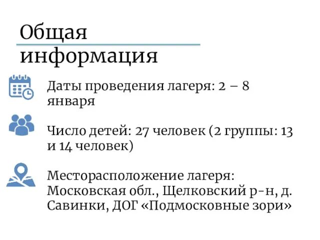 Даты проведения лагеря: 2 – 8 января Число детей: 27