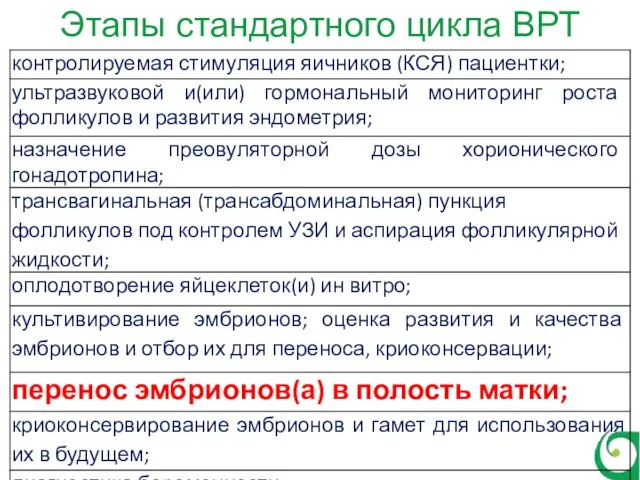 Этапы стандартного цикла ВРТ