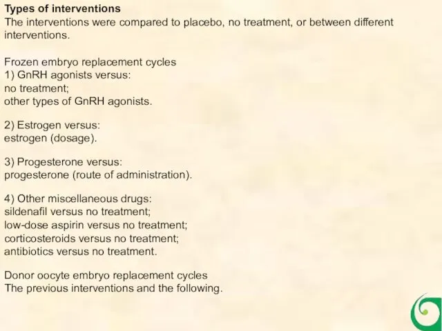 Types of interventions The interventions were compared to placebo, no