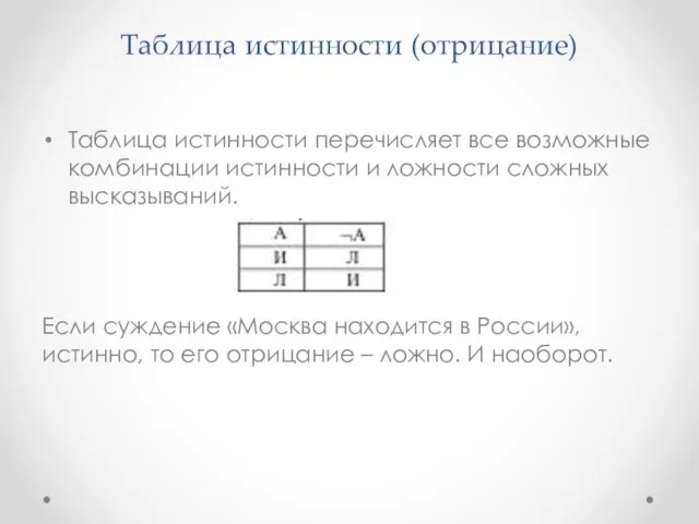 Таблица истинности (отрицание) Таблица истинности перечисляет все возможные комбинации истинности