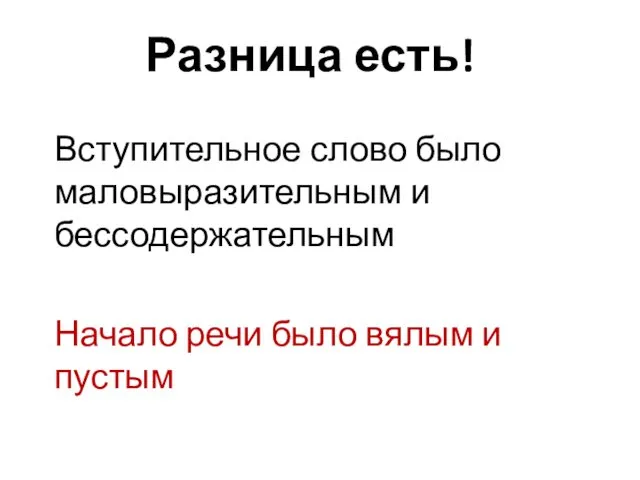 Разница есть! Вступительное слово было маловыразительным и бессодержательным Начало речи было вялым и пустым