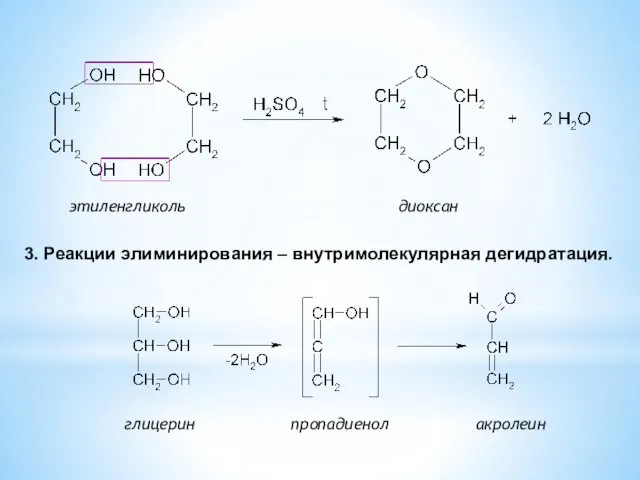 этиленгликоль диоксан 3. Реакции элиминирования – внутримолекулярная дегидратация. глицерин пропадиенол акролеин
